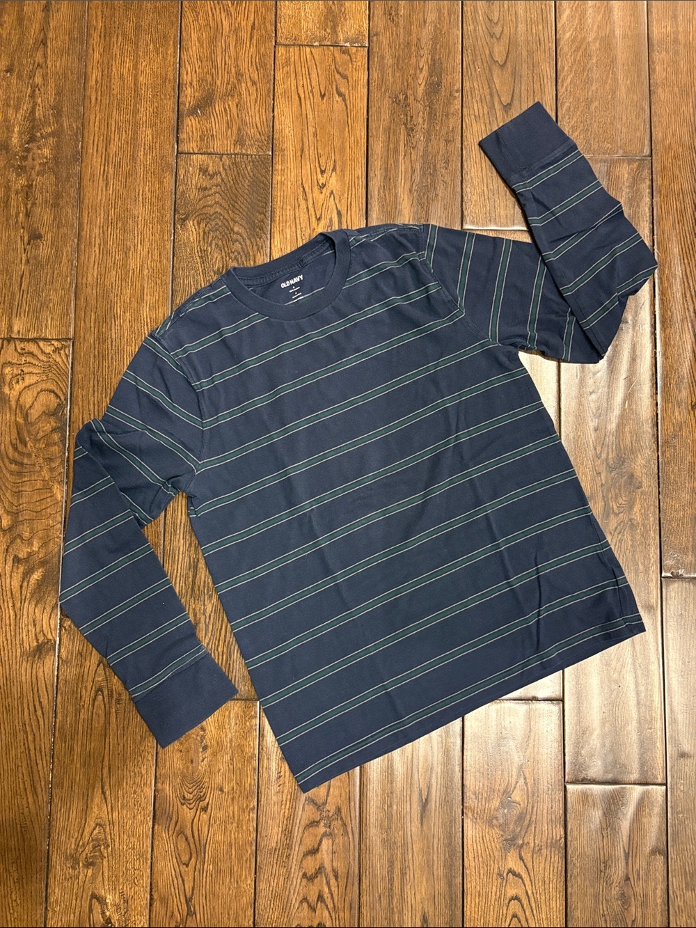 Old Navy Long-Sleeve Crewneck, Navy with Green Stripes